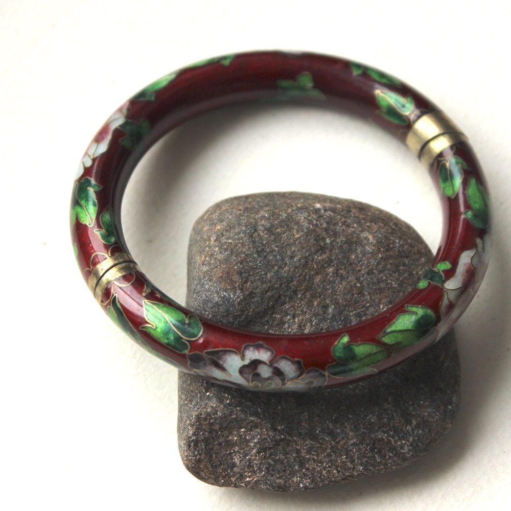 VTG Chinese bracelet cloisonne enamel émail floral red burgundy bourgogne